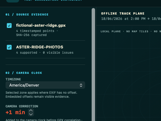 TrackExif source panel with GPX and photo evidence beside the explicit timezone and camera clock correction controls